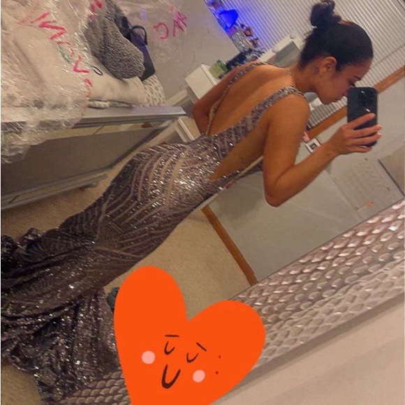 Jovani 59762 Deep V Neck Sequin Embellished Mermaid Charcoal Prom Pageant Dress - Picture 3 of 9